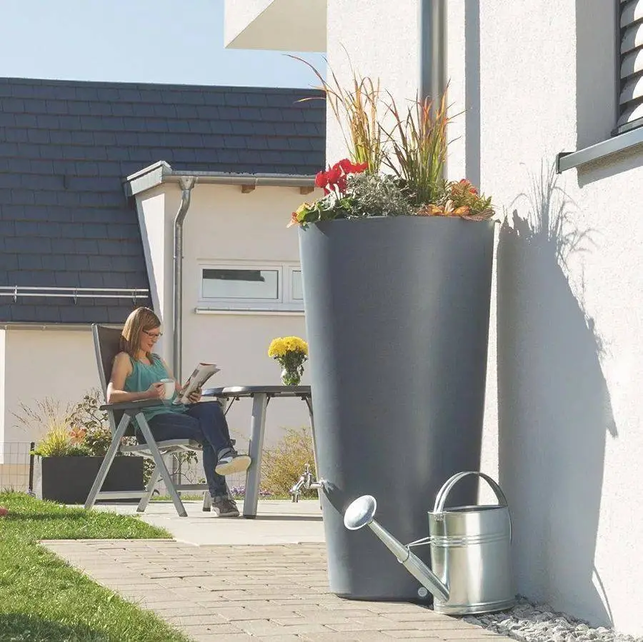 150L RainBowl Flower Water Butt With Planter In Blue Grey Granite