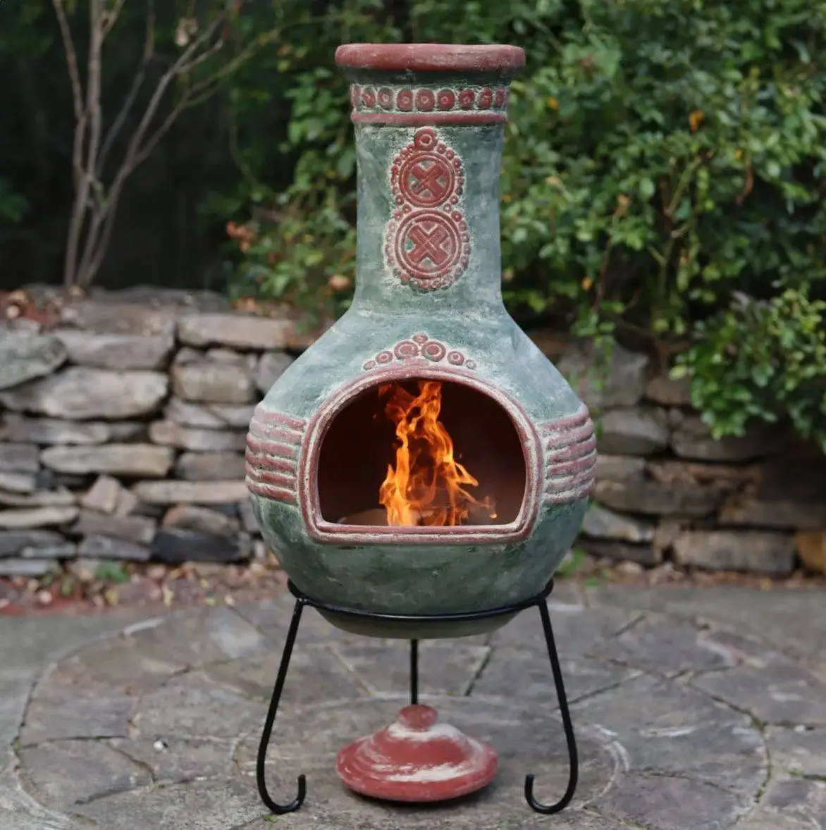 Azteca XL Mexican Chimenea In Green And Red 1 Azteca XL Mexican Chimenea In Green And Red